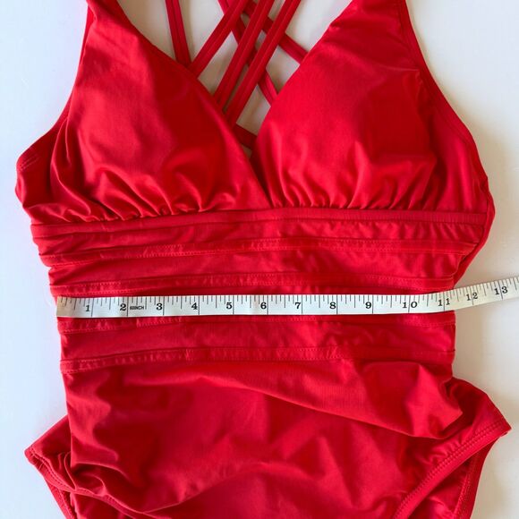 La Blanca Island Goddess Multi-Strap Cross Back One Piece Swimsuit in Cherry Red - Picture 12 of 13